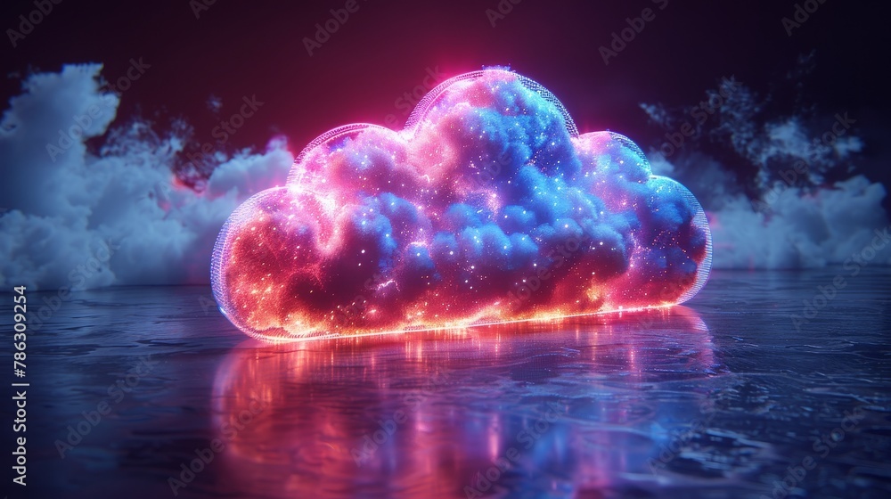 Poster Cloud computing background concept. Upload data to online storage via smartphone. Smartphone synchronizes information with cloud storage.