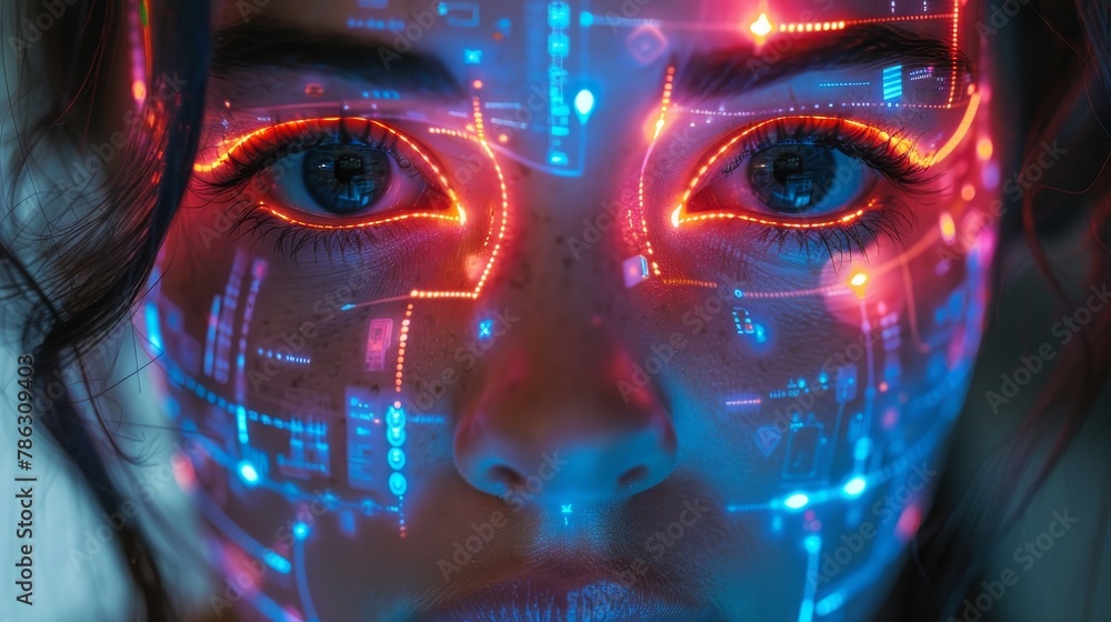 Poster A robot head analyzes data and displays it with artificial intelligence on the screen. Artificial neural networks are an advanced computer technology that is being used in the mobile phone industry.