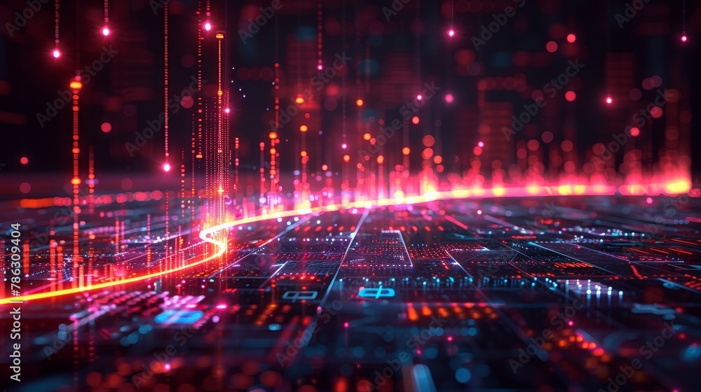 Aufkleber geometric shapes in digital space. business tech dark background with neon lines, cube, circle chart