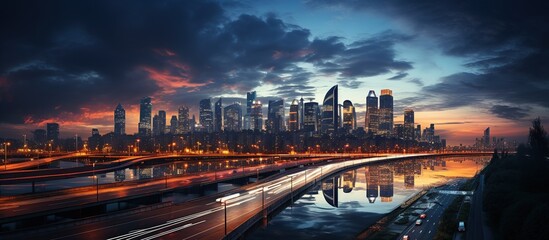 panoramic view of shanghai skyline at dusk - obrazy, fototapety, plakaty