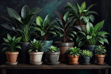 Many variety of potted plants, in dark background, nature