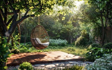 An art piece featuring a hanging chair from a tree in a natural landscape