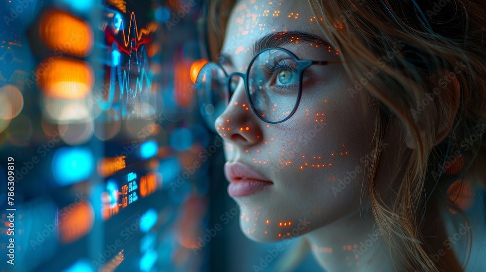 Aufkleber A robot trader. Artificial intelligence develops trading strategies on the stock exchange. A neural network in an image robot or a cyborg woman analyzes financial charts.