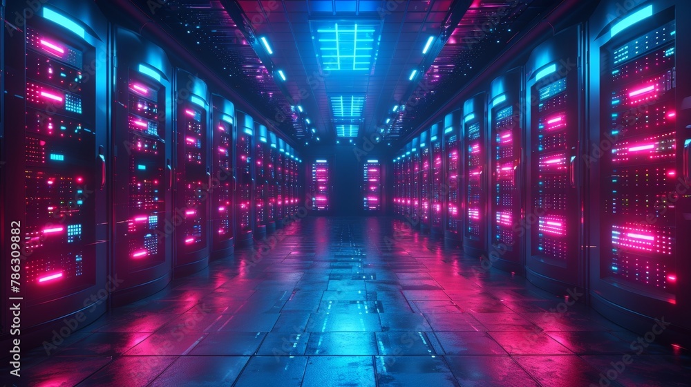 Poster Concept of data center or cloud storage. Abstract design of server room in data center. Digital electronic equipment hanging above floor. Data spheres on the floor.