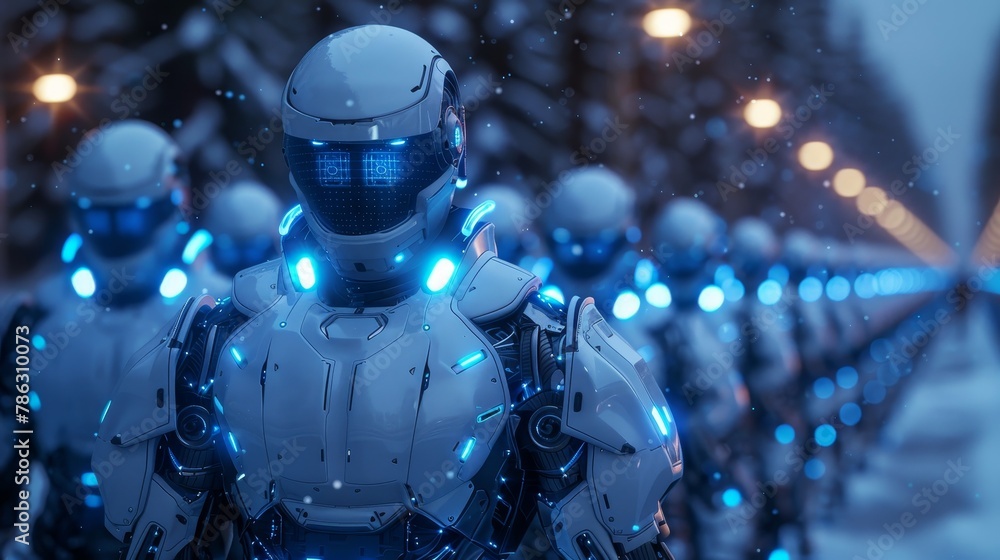 Poster Machines with AI are rising. Machines and humans are at war with AI. Robots or cyborgs are capturing the Earth. Sci-fi conceptual illustration of apocalypse that could harm humanity.