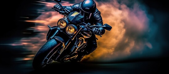 Motorcycle rider on a motorcycle in action on a dark background. - obrazy, fototapety, plakaty