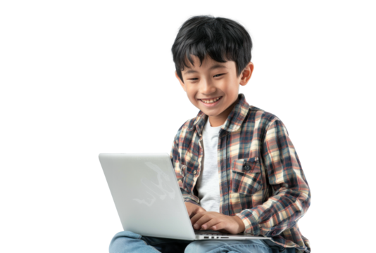 Young Asian Boy Smiling Using Laptop