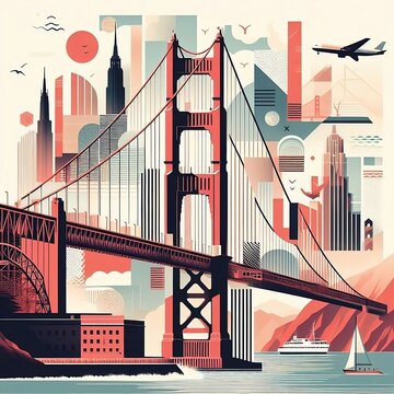 Golden Gate Bridge in USA contemporary style minimalist artwork collage illustration for social media poster ads created with generative ai
