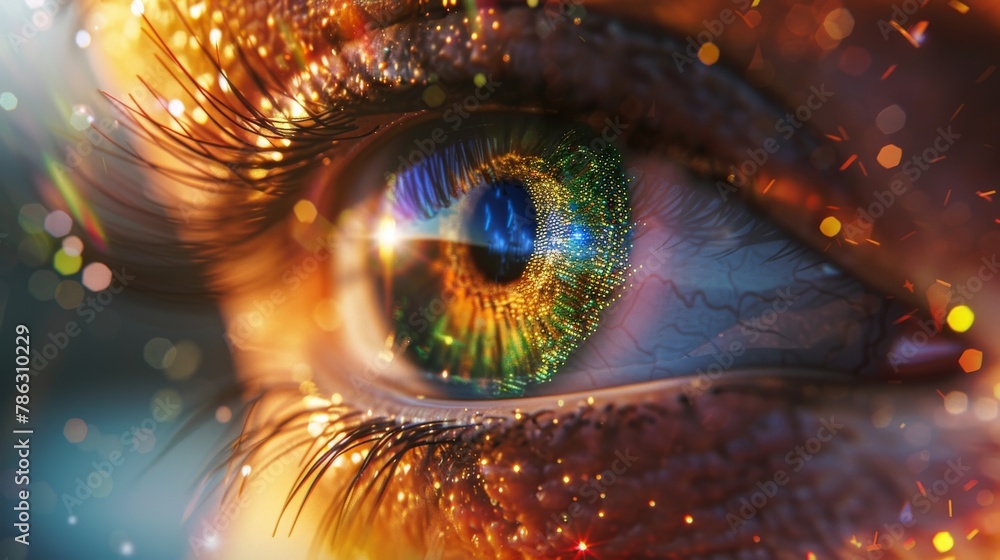 Leinwandbilder Rainbow lines after a flash scatter from a bright binary circle to form a volumetric human eye iris and pupil. 3D rendering background 4K.