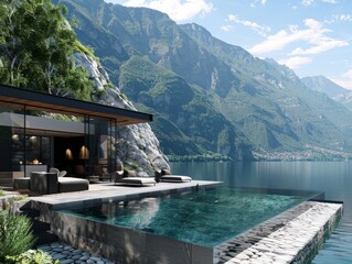 House by lake with pool, surrounded by mountains and natural landscape