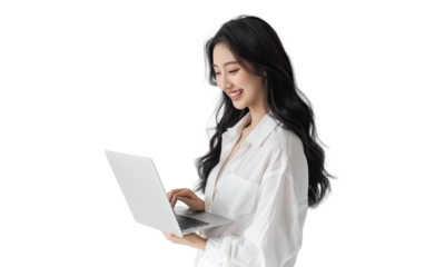 East Asian Woman Using Laptop with Joy