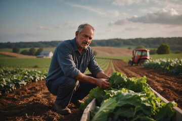 Bauer bei der Kontrolle von Gemüsepflanzen auf einem Feld mit kleinem Traktor im Hintergrund