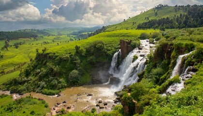 Fototapeta premium The view of the waterfalls flowing after the rainy season and the slopes of Savak mountains