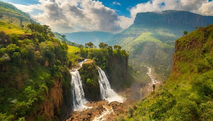 Fototapeta premium The view of the waterfalls flowing after the rainy season and the slopes of Savak mountains
