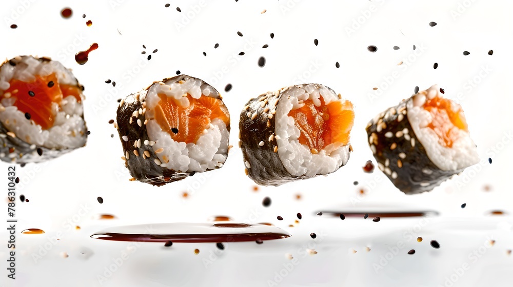 Canvas Prints Suspended in air, four pieces of sushi capture motion and taste. Dynamic food photography with a modern twist. Perfect for culinary designs. AI