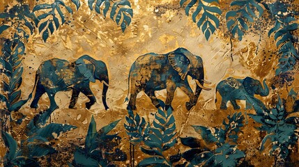 Golden textured elephant family painting with blue foliage accents