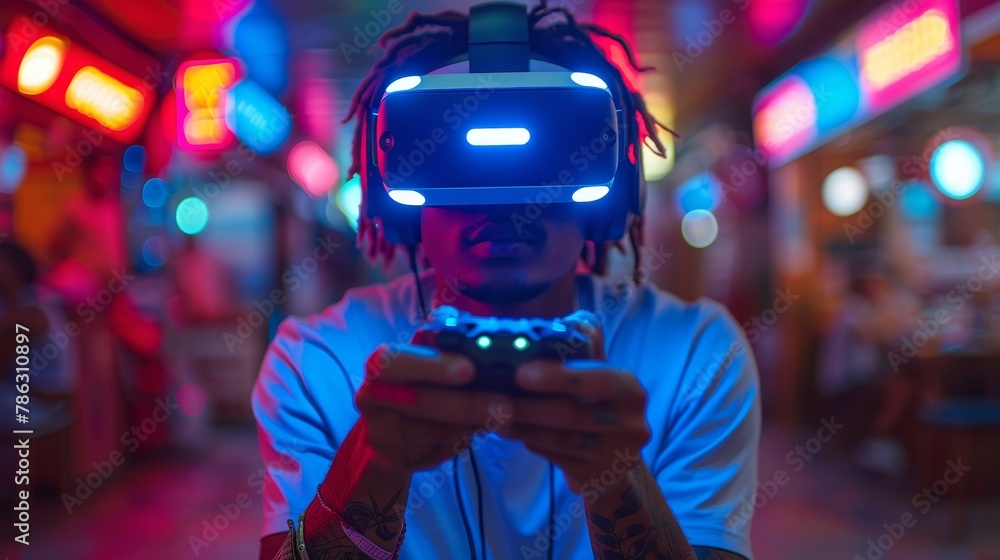 Poster man holds above his head an ar vr controller of computer video games, wearing virtual reality headse