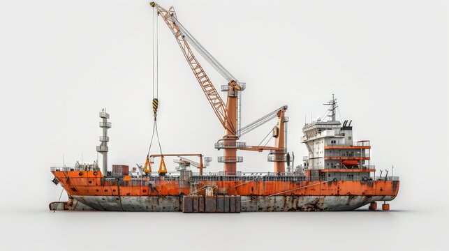 A large orange ship with a crane on it