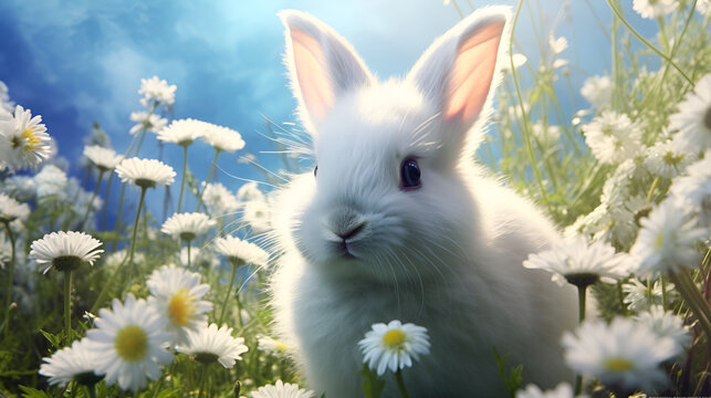 A Baby Rabbit's Delightful Encounter with Summer Bliss in a Verdant Meadow and tiny white flowers
