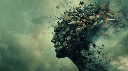 Surreal portrait of fractured human head in abstract space - obrazy, fototapety, plakaty