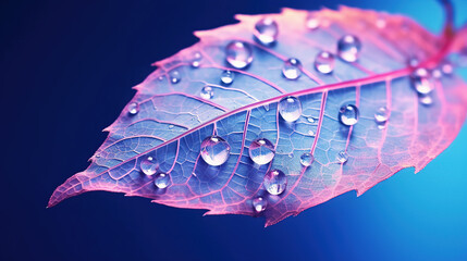 leaf with beautiful texture on a blue and pink background, glass with shiny water drops close-up macro, Dew on Red Leaf