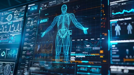 Futuristic medical holographic interface with digital human anatomy - obrazy, fototapety, plakaty
