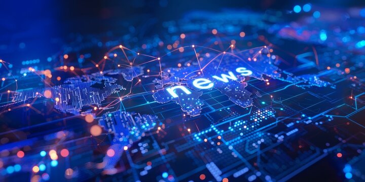 Word news in futuristic style, world map on illuminated in neon light platform with connected electronic components.