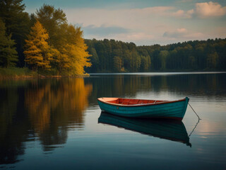 Fishing boat on the lake. Beautiful autumn landscape in the forest.