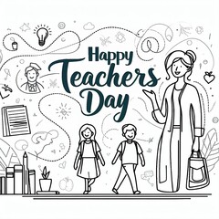 Teachers day background with children and woman illustration. Simple vector web banner. One continuous line drawing with lettering happy Teachers day created with generative ai	