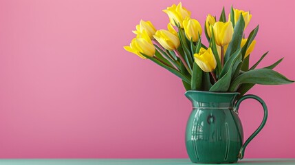 A beautiful arrangement of vibrant yellow tulips resting in a tall, vintage green vase, presenting a striking contrast against a soft pink background.