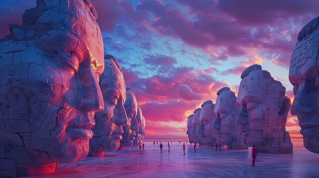 Surreal sunset landscape with colossal statues and silhouetted figures