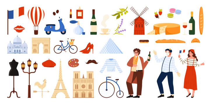Travel to France, culture elements, food and French symbols set. Cute bicycle and balloon, Frenchman and mime, landmarks of Paris city for romantic tour and tourism cartoon vector illustration