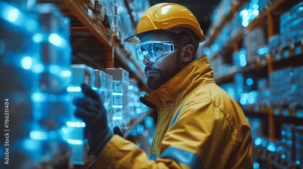 Aufkleber inventor is working in futuristic bionic exoskeleton on factory floor, picking up boxes. robotic exo