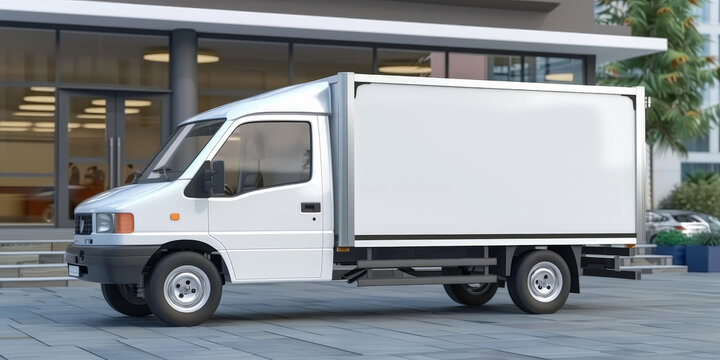 White delivery truck van on road with building background.