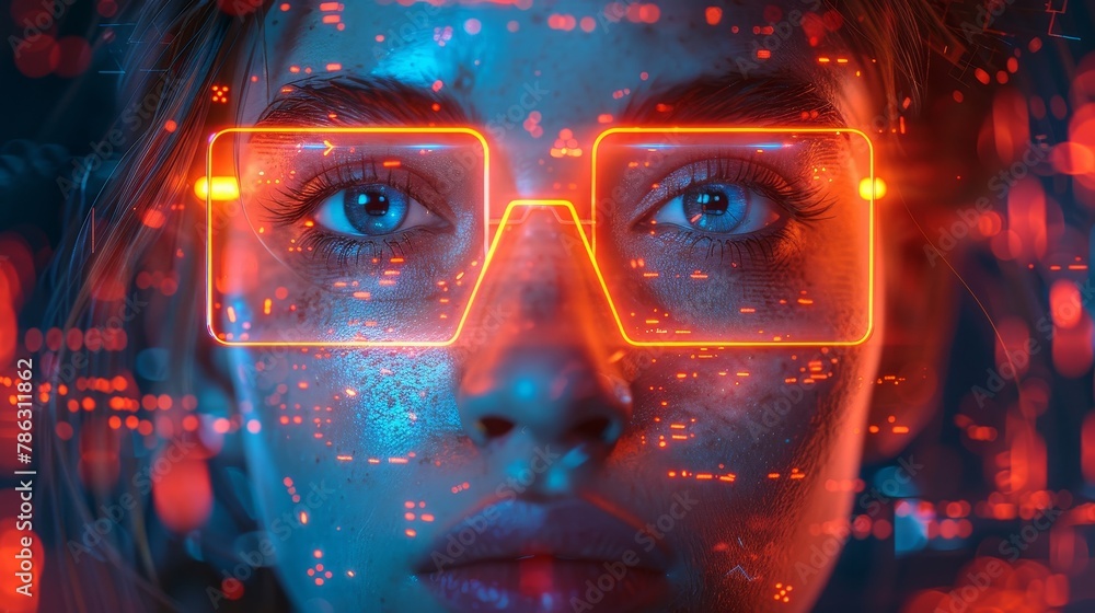 Poster Computer digital futuristic neon square frame with AI face, 3D geometric shapes in cyberspace. Artificial intelligence head. Abstract digital computer tech banner.
