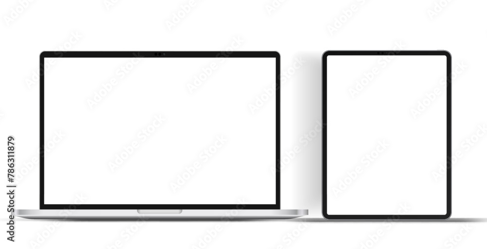 Poster Modern laptop mockup front view and smartphone mockup high quality isolated on white background. Notebook mockup and phone device mockup for ui ux app and website presentation Stock Vector.