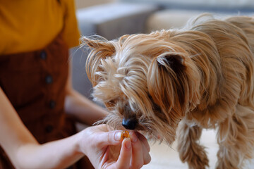An Unrecognized Woman Giving Omega 3 Vitamins Pills His Yorkshire Terrier's At Home. Dog's Skin And...