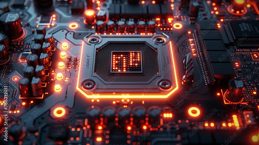Poster Upgrading or repairing gaming computers. Modern powerPCs in dark with neon lights. Configuring or repairing hardware for desktop computers.