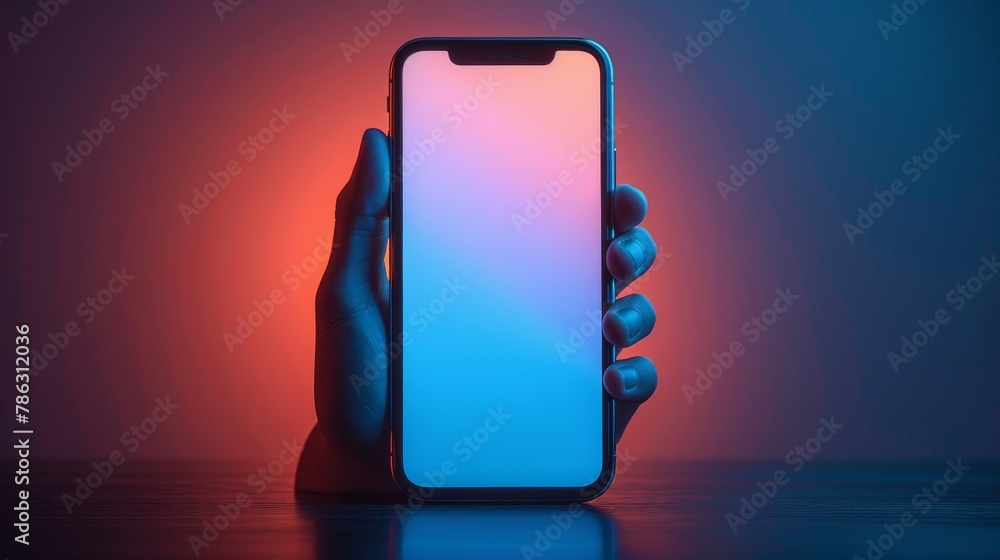 Poster Two phones hanging over a table at an angle. Mockup of a real life modern phone with a blank screen. Smartphone at screen side on blue background. Template of a modern cellphone turned on its side.