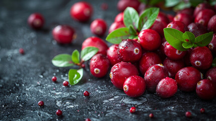 Cranberries isolated on dark background. Healthy, antioxidant, organic fruit. Room for copy space.	
