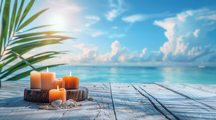 Tranquil beach setting with candles, seashells, and palm leaves for spa, wellness, and peaceful...