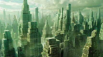 A futuristic cityscape where building are made of dollars.