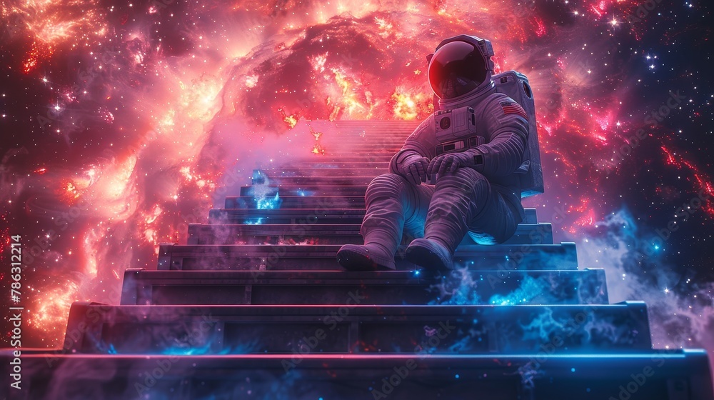Poster Cosmonauts in futuristic spacesuits sit on futuristic space ships and observe the stars at a spaceport. On a space station's runway, a flying saucer lands. Sci-fi illustration.