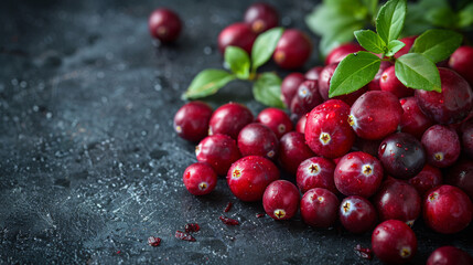 Cranberries isolated on dark background. Healthy, antioxidant, organic fruit. Room for copy space.	