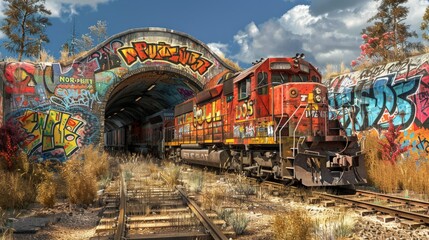 A train is traveling through a tunnel with graffiti on the walls - obrazy, fototapety, plakaty