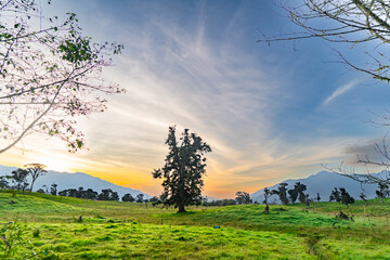 Colorful countryside landscape, green hills and sunrise