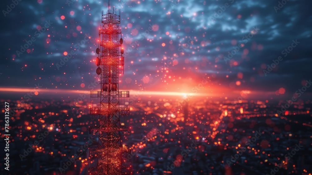 Aufkleber A 5G mobile internet communication tower transmits telecommunication signals. A 5G communication tower broadcasts a mobile signal. Communicator technology. 5G communication tower transmits