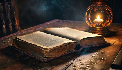 an old book bathed in soft magical lights on a vintage table, old books and glasses