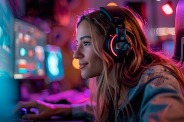 Fototapeta premium Female gamer with headphones at a colorful computer setup