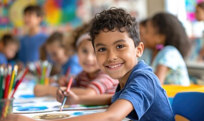 Cheerful latino primary school boy smiling with toothy smile at camera in painting class classroom at school